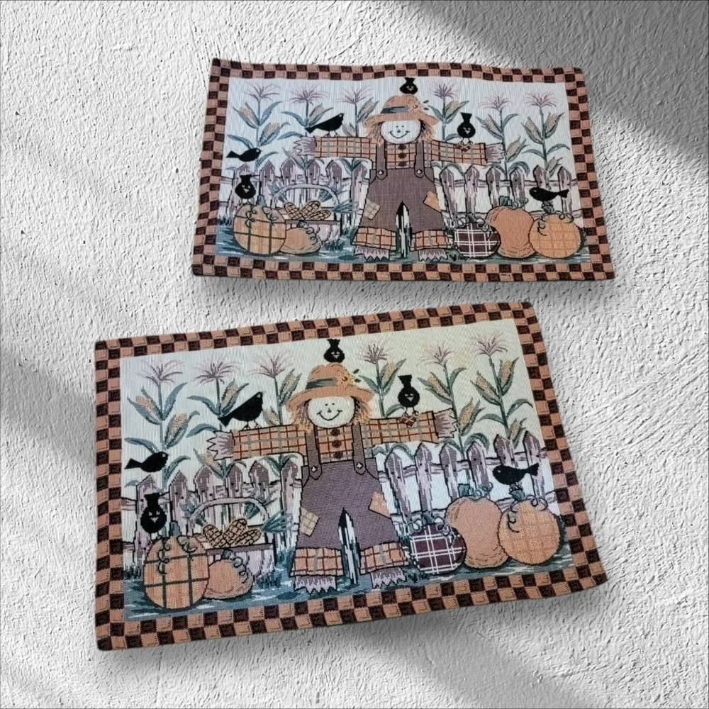 2 Fall Tapestry Placemat Scarecrow Pumpkin Halloween Thanksgiving Table Decor T5
